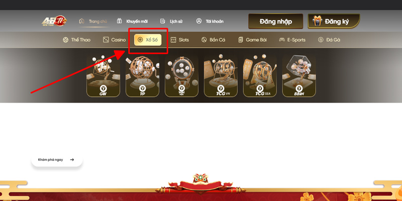 Trên thanh menu chọn sản phẩm xổ số